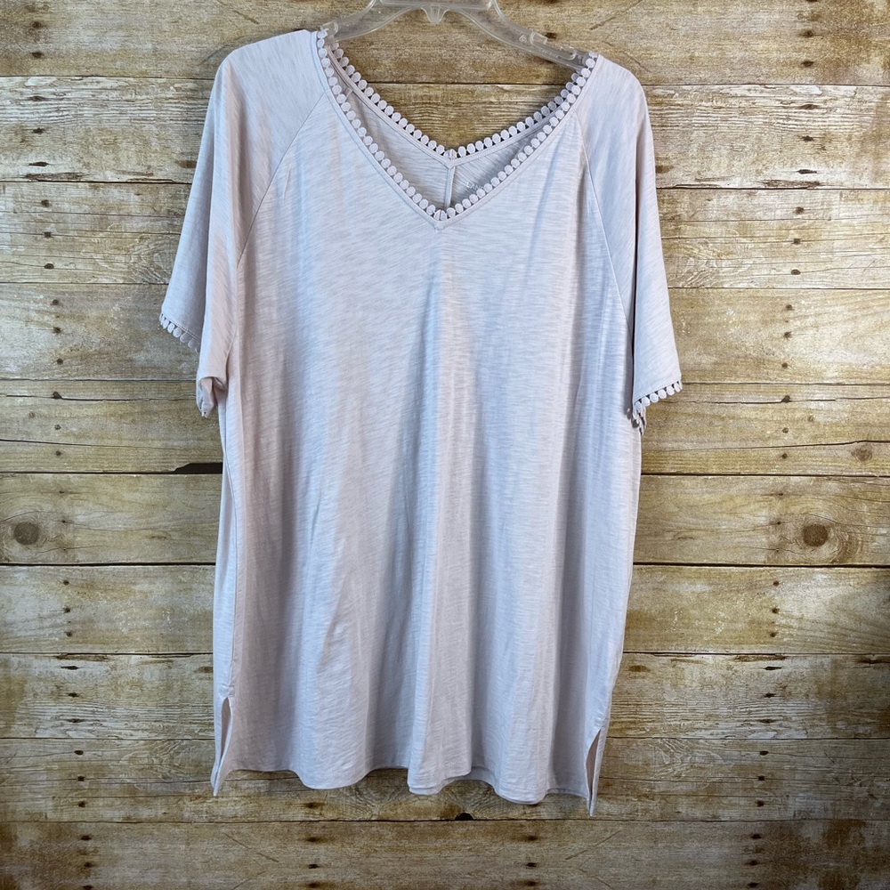Lands' End Women’s Beige V-Neck Tunic Top Size 1X Detailed Neck Short Sleeves - Picture 7 of 7